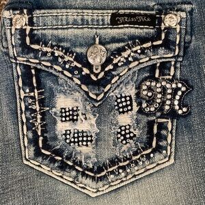 Miss Me Jeans Boot-cut Jeans w/ Rhinestone & Crystal Embellishment & Distressing